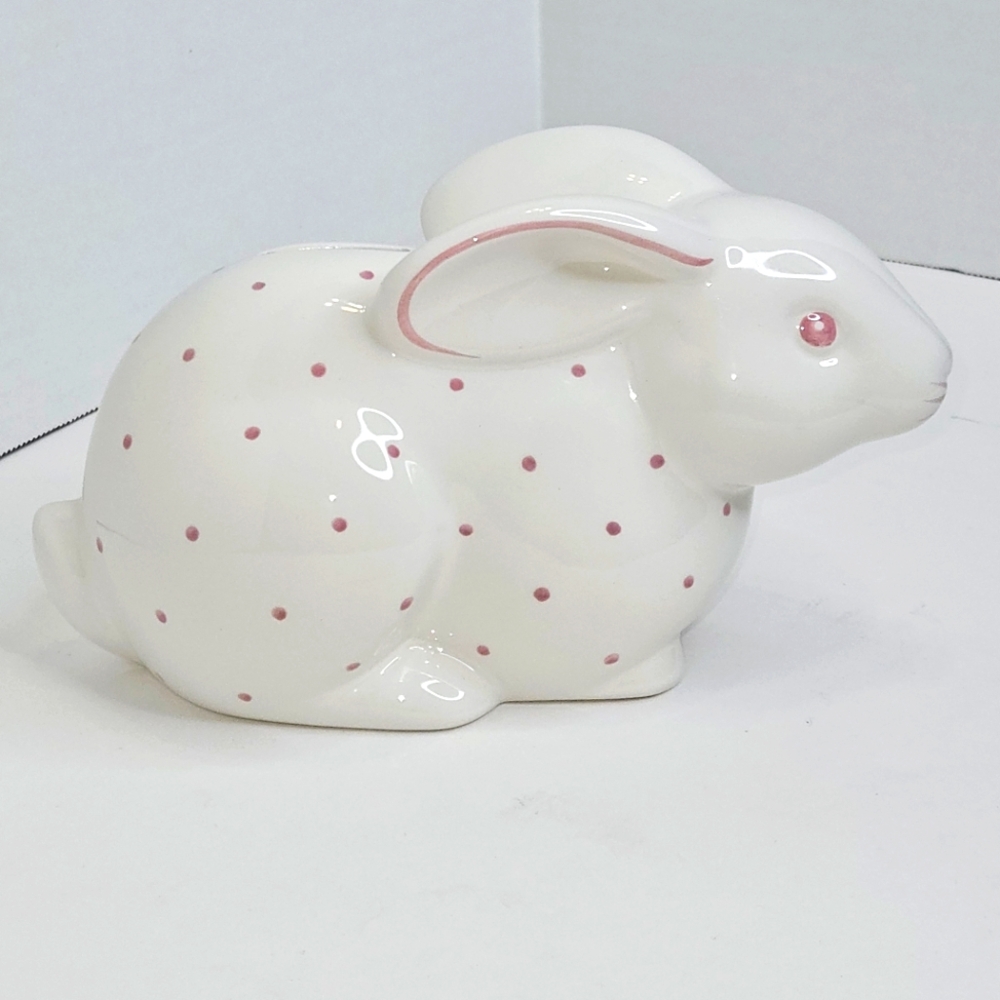 TIFFANY & CO Rabbit Bunny Piggy Bank White Pink Polka Dot Ceramic Handpainted